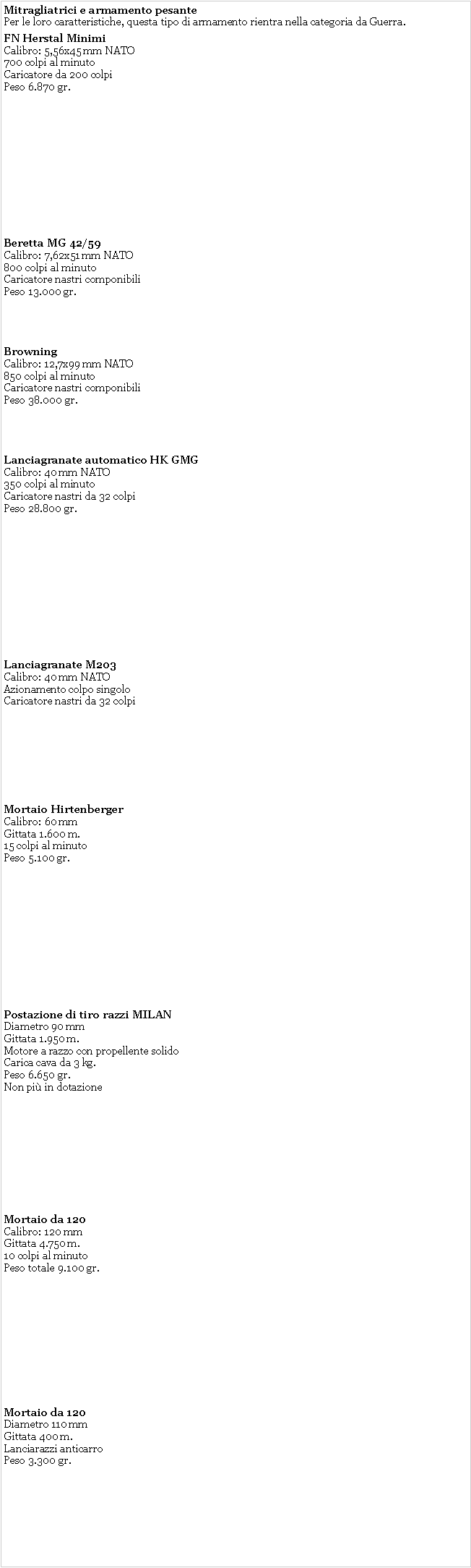 Casella di testo: Mitragliatrici e armamento pesantePer le loro caratteristiche, questa tipo di armamento rientra nella categoria da Guerra. FN Herstal MinimiCalibro: 5,56x45 mm NATO700 colpi al minutoCaricatore da 200 colpiPeso 6.870 gr.Beretta MG 42/59Calibro: 7,62x51 mm NATO800 colpi al minutoCaricatore nastri componibiliPeso 13.000 gr.BrowningCalibro: 12,7x99 mm NATO850 colpi al minutoCaricatore nastri componibiliPeso 38.000 gr.Lanciagranate automatico HK GMGCalibro: 40 mm NATO350 colpi al minutoCaricatore nastri da 32 colpiPeso 28.800 gr.Lanciagranate M203Calibro: 40 mm NATOAzionamento colpo singoloCaricatore nastri da 32 colpiMortaio HirtenbergerCalibro: 60 mmGittata 1.600 m.15 colpi al minutoPeso 5.100 gr.Postazione di tiro razzi MILANDiametro 90 mmGittata 1.950 m.Motore a razzo con propellente solidoCarica cava da 3 kg.Peso 6.650 gr.Non pi in dotazioneMortaio da 120Calibro: 120 mmGittata 4.750 m.10 colpi al minutoPeso totale 9.100 gr.Mortaio da 120Diametro 110 mmGittata 400 m.Lanciarazzi anticarroPeso 3.300 gr.