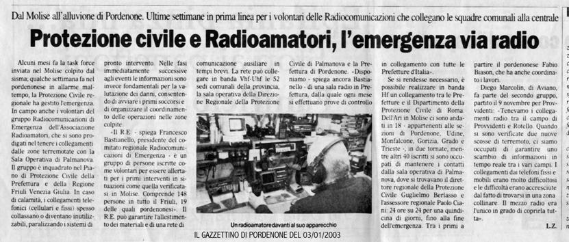 Terremoto Molise 2002
Alluvione Pordenone 2002
Il Gazzettino di Pordenone del 03 gennaio 2003
Biason Fabio
IW3RJ